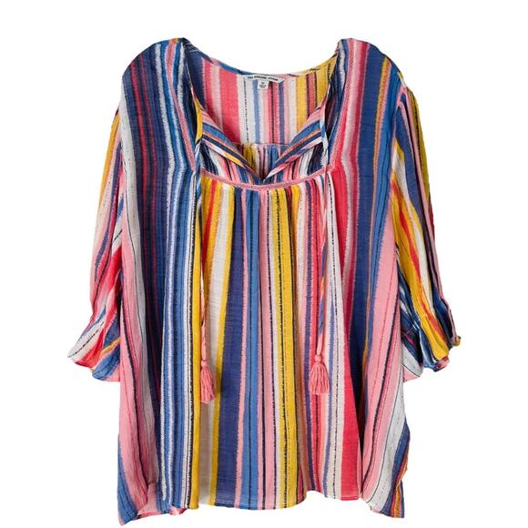 Zac & Rachel Tops - NWT Zac & Rachel pink blue stripe tassel boho coastal popover top 3X